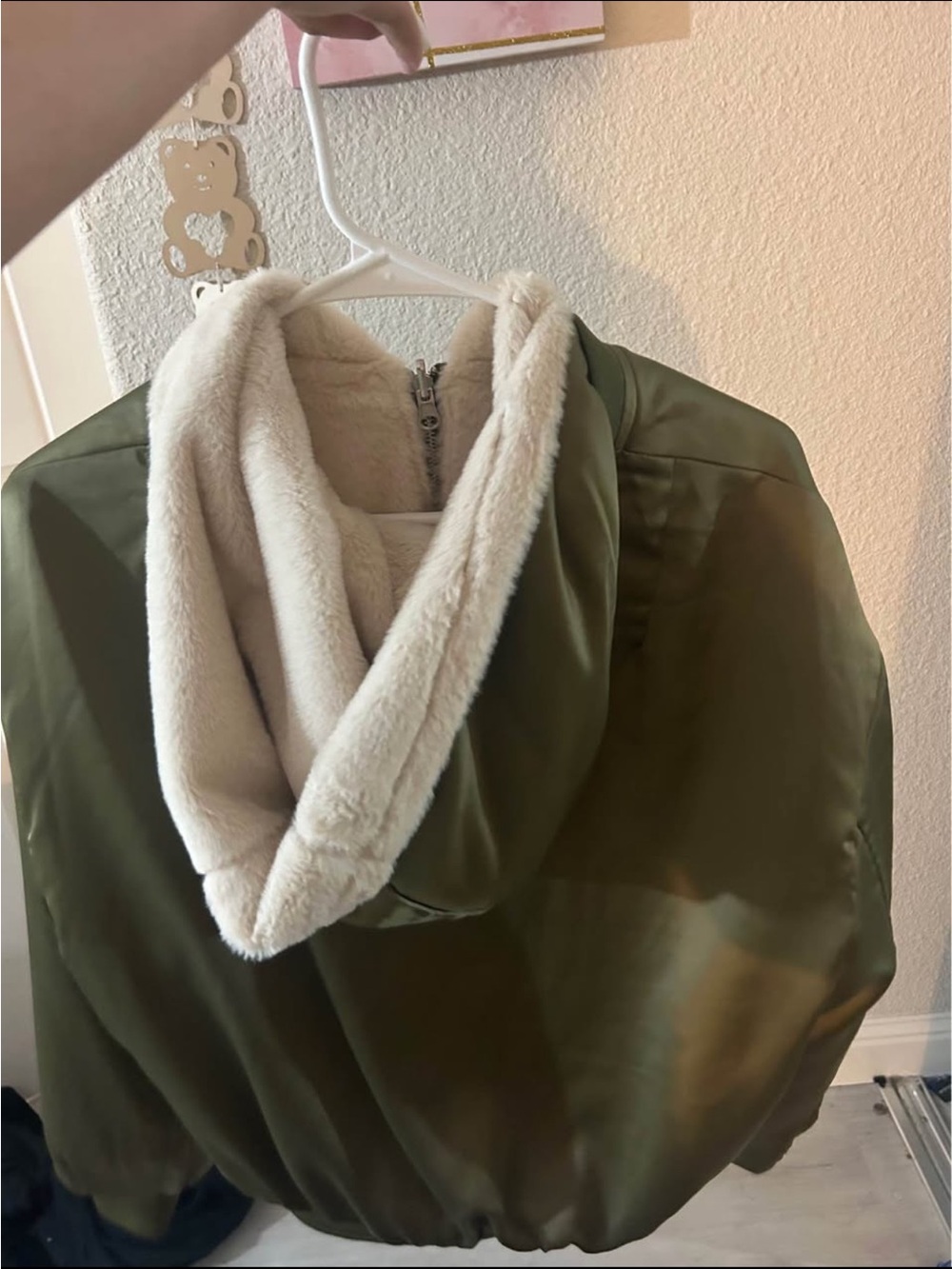 H&M Olive Green Bomber Jacket with Cream Sherpa Hood - Picture 2 of 2